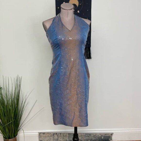 Kay Unger Sequin Halter Cocktail Dress Sleeveless Size 4 Blue/Tan - Picture 1 of 4